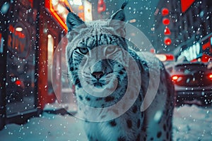 Majestic Snow Leopard Roaming Urban Winter Wonderland at Night under City Lights