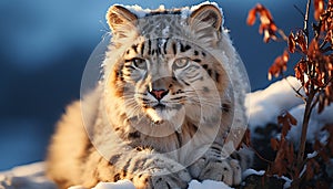 Majestic snow leopard staring, wildcat beauty in nature generated by AI