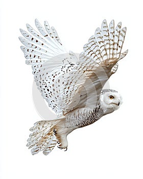 A majestic snow owl in flight showcasing its stunning white feathers and intricate patterns against a clean white background photo