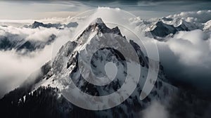 A majestic snowy mountain peak rising high above the clouds created with Generative AI