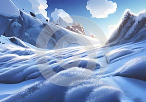 Majestic Snowy Mountains: Serene Winter Landscape with Fluffy white Clouds