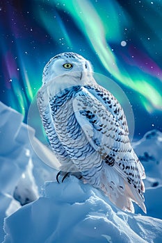 Majestic Snowy Owl Against Aurora Borealis Backdrop in Crisp Winter Scene