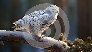 Majestic Snowy Owl Perched on Branch in Winter Wonderland