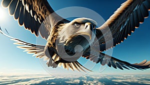 Majestic Soaring Eagle: An image of a powerful, majestic, sharp-eyed eagle soaring high in the clear blue sky.