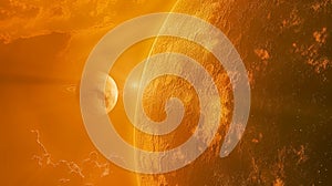Majestic Solar Flare and Planetary Bodies in Vivid Outer Space Scene with Oranges and Yellows Representing