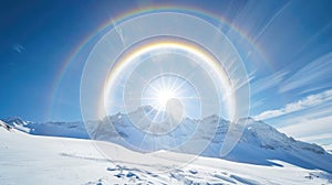 Majestic solar halo and full circle rainbow surrounding the sun above the snowy mountain peak create a breathtaking