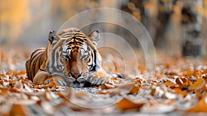 Majestic solitary tiger prowls through the untamed wilderness, its piercing gaze fixed on its surroundings