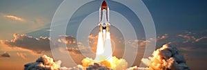 Majestic spacecraft launch at sunrise fiery rocket engines propel spaceship skyward