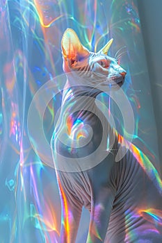 Majestic Sphynx Cat in Ethereal Holographic Light, Fine Art Portrait of Hairless Feline, Colorful Rainbow Sheen Effect on Elegant