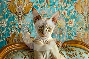 Majestic Sphynx Cat Perched Elegantly on a Vintage Sofa With Ornate Floral Wallpaper Background
