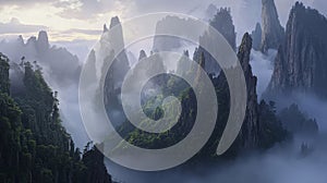 Sharp spire-like mountains pierce through clouds photo