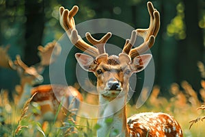 Majestic Spotted Deer With Antlers in Lush Green Forest, Wildlife in Natural Habitat, Tranquil Nature Scene