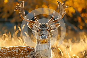 Majestic Spotted Deer Stag with Antlers Against Warm Golden Autumn Backdrop in Natural Habitat