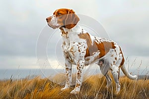 Majestic Spotted Dog in Profile Standing in Golden Field with Cloudy Sky Animal Portrait in Natural Landscape