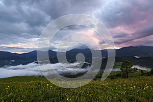 Majestic spring day. A beautiful landscape with high mountains, sky with clouds and sunset. Dense fog with beautiful light.