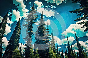 majestic spruce forest with clear blue skies and fluffy clouds