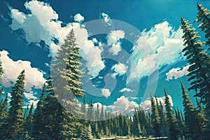 majestic spruce forest with clear blue skies and fluffy clouds