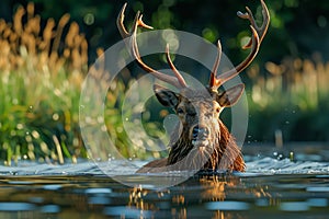 Majestic Stag with Impressive Antlers Swimming in Serene Forest River at Golden Hour Illumination