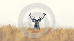 Majestic stag with large antlers standing in golden tall grass