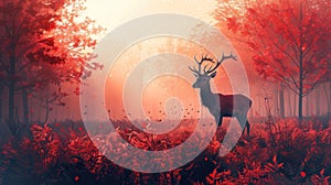 Majestic Stag in Misty Crimson Forest