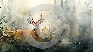 Majestic stag in misty forest watercolor artwork. Wall art wallpaper