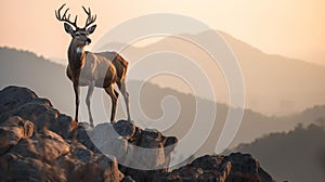 Majestic Stag on Rocky Cliff at Golden Hour