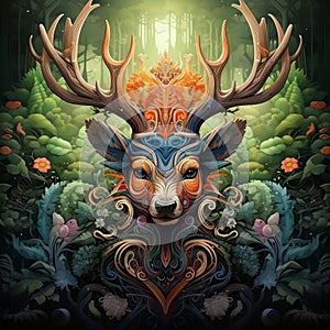 A majestic stag totem, with regal antlers and intricate patterns, rendered in Aztec Greeble tribal style by AI generated
