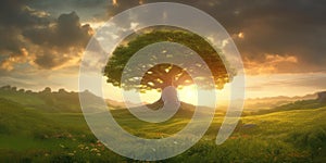 Majestic stand-alone tree atop a hill amidst green field lit by the setting sun, panoramic landscape. Generative AI illustration