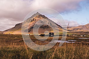 Majestic Stapafell Mountain in Snaefellsjokull in West Iceland under a cloudy sky