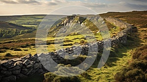 Majestic Stone Wall On Yorkshire Hillside: A Captivating Morning Scene photo