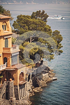 Majestic summer vacation location, mediterranean colorful luxury waterfront house with amazing view, Portofino, Liguria, Italy