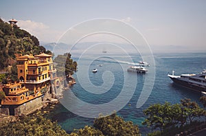 Majestic summer vacation location, mediterranean colorful luxury waterfront house with amazing view, Portofino, Liguria, Italy