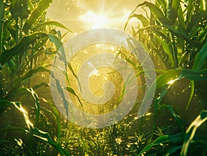 Majestic Sunlight Beaming Through Lush Green Cornfield at Sunrise with Dew Drops on Leaves and Rich Flora