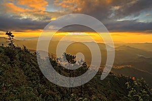 Majestic sunrise in the mountains landscape. Dramatic sky in Thailand