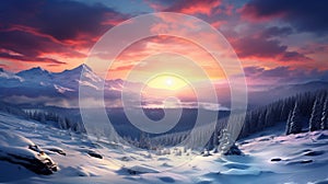 Majestic sunrise in the winter mountains landscape with sunset