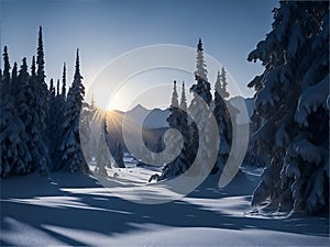 Majestic sunrise in the winter mountains landscape, winter landscape with snow and trees