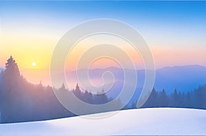 Majestic sunrise in the winter mountains landscape, winter landscape with snow and trees