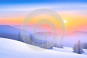 Majestic sunrise in the winter mountains landscape, winter landscape with snow and trees