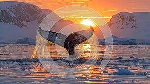 Majestic Sunset: Captivating Whale Tail in Icy Waters