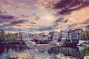 Majestic sunset. dramatic colorful clouds over the lake, reflected in the water