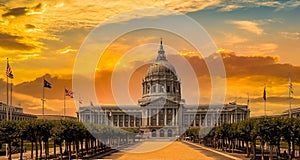 Majestic sunset illuminating the San Francisco City Hall in the United States