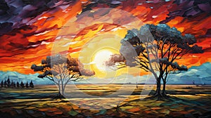 Majestic Sunset Landscape Painting With Two Trees In May