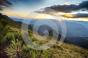 Majestic sunset in the mountains landscape. Carpathian