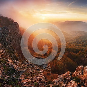 Majestic sunset in the mountains landscape with sunny beams. Dramatic scene. Carpathian, Slovakia, Europe