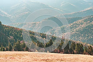 Majestic sunset in mountains landscape. View from high mountain on picturesque landscape autumn Carpathian. Ukraine, Europe