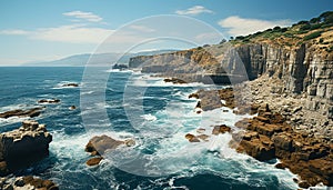 Majestic sunset over Big Sur rocky coastline, tranquil beauty generated by AI