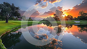 Majestic Sunset Over Golf Course With Pond