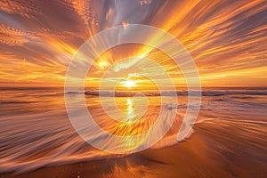 Majestic Sunset Over Ocean With Wave Coming In