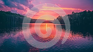 Majestic Sunset Over Tranquil Lake With Vivid Pink And Purple Sky Reflections. Generative AI