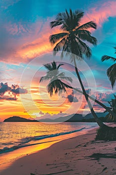 Majestic Sunset Over Tropical Beach With Palm Trees